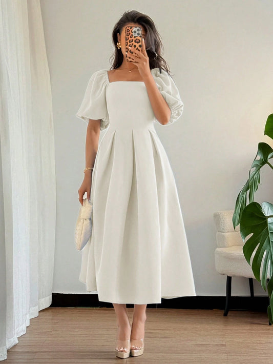 Solid Color Ruffle Hem Big A-Line Puff Sleeve Short Sleeve Dress