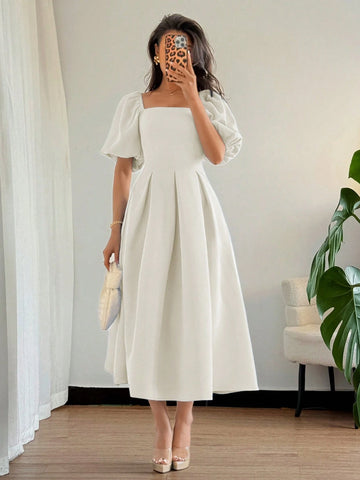 Solid Color Ruffle Hem Big A-Line Puff Sleeve Short Sleeve Dress