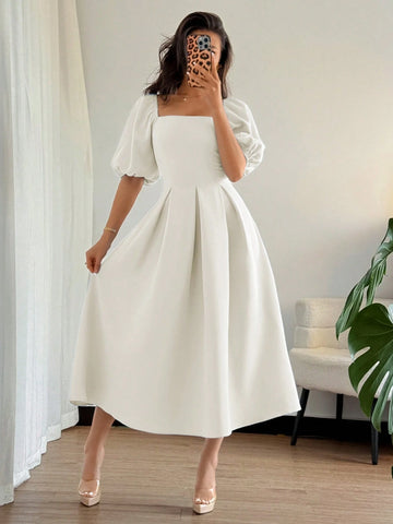 Solid Color Ruffle Hem Big A-Line Puff Sleeve Short Sleeve Dress