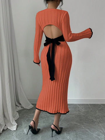 Elegant Backless Tie-Up Bow Knitted Dress