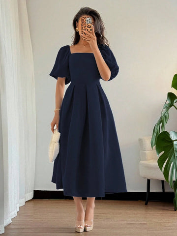 Solid Color Ruffle Hem Big A-Line Puff Sleeve Short Sleeve Dress