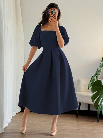 Solid Color Ruffle Hem Big A-Line Puff Sleeve Short Sleeve Dress