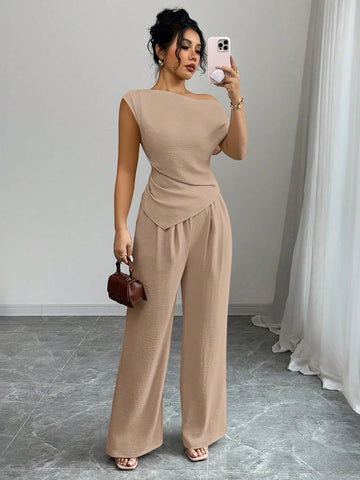 Elegant One-Shoulder Sleeveless Asymmetric Hem Fitted Top And Relaxed Straight Leg Pants