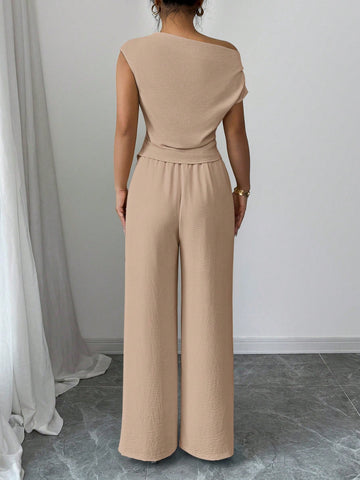 Elegant One-Shoulder Sleeveless Asymmetric Hem Fitted Top And Relaxed Straight Leg Pants