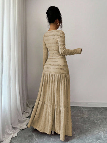 Vacation Style Long Sleeve Square Neck Button-Up Top With Paneled Design And Flared Skirt