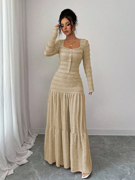 Vacation Style Long Sleeve Square Neck Button-Up Top With Paneled Design And Flared Skirt