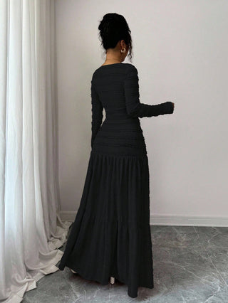 Textured Fabric Long Sleeve Square Neck Button-Up Top With Paneled Design And Flared Skirt