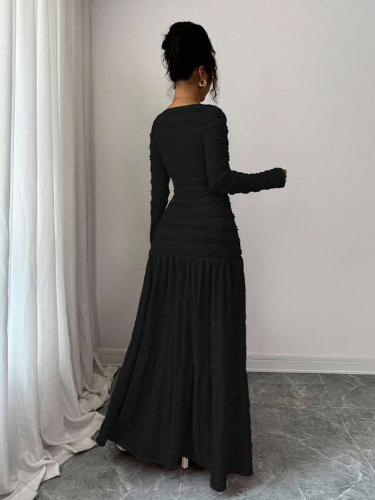 Textured Fabric Long Sleeve Square Neck Button-Up Top With Paneled Design And Flared Skirt