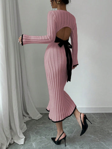 Elegant Backless Tie-Up Bow Knitted Dress