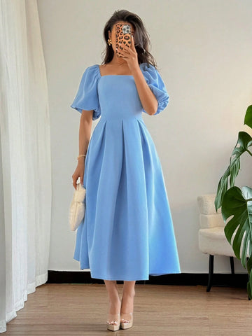 Solid Color Ruffle Hem Big A-Line Puff Sleeve Short Sleeve Dress