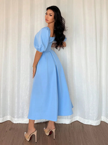 Solid Color Ruffle Hem Big A-Line Puff Sleeve Short Sleeve Dress