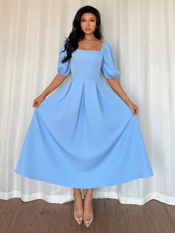 Solid Color Ruffle Hem Big A-Line Puff Sleeve Short Sleeve Dress