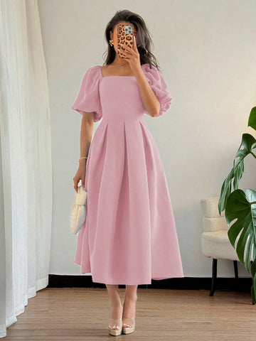 Solid Color Ruffle Hem Big A-Line Puff Sleeve Short Sleeve Dress