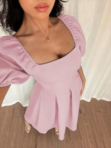 Solid Color Ruffle Hem Big A-Line Puff Sleeve Short Sleeve Dress