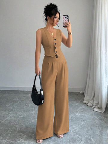 Elenzga Casual Minimalist Solid Color Sleeveless Blazer & Pants Suit Set