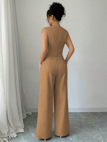Elenzga Casual Minimalist Solid Color Sleeveless Blazer & Pants Suit Set