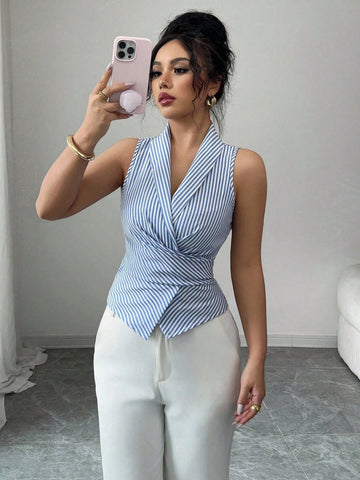 Women's Sleeveless V-Neck Tie Waist Bow Elegant Blouse