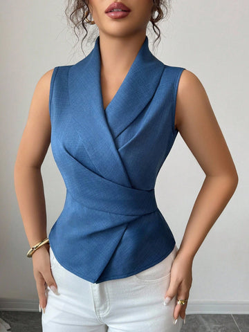 Women Striped Shawl Collar Sleeveless Casual Shirt