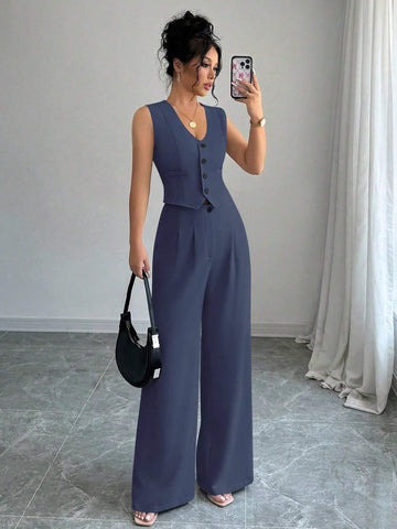 Elenzga Casual Minimalist Solid Color Sleeveless Blazer & Pants Suit Set