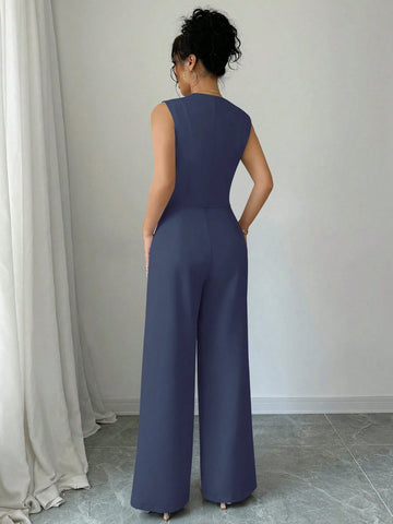 Elenzga Casual Minimalist Solid Color Sleeveless Blazer & Pants Suit Set