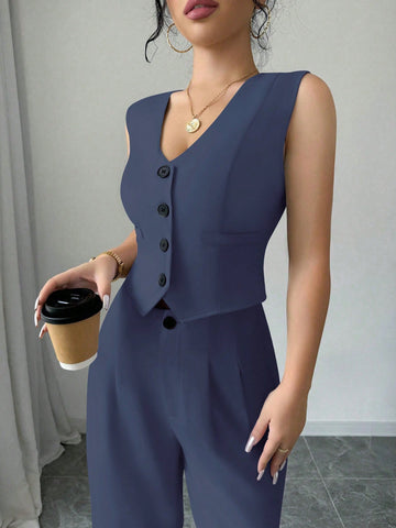 Elenzga Casual Minimalist Solid Color Sleeveless Blazer & Pants Suit Set