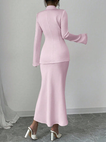 Elenzga 1 Set Solid Color Single Button Long Sleeve Blazer And A-Line Skirt