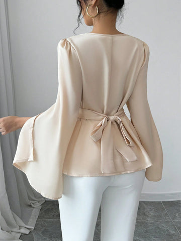 Elenzga Elegant Solid Color Draped Collar Poncho Black Blouse