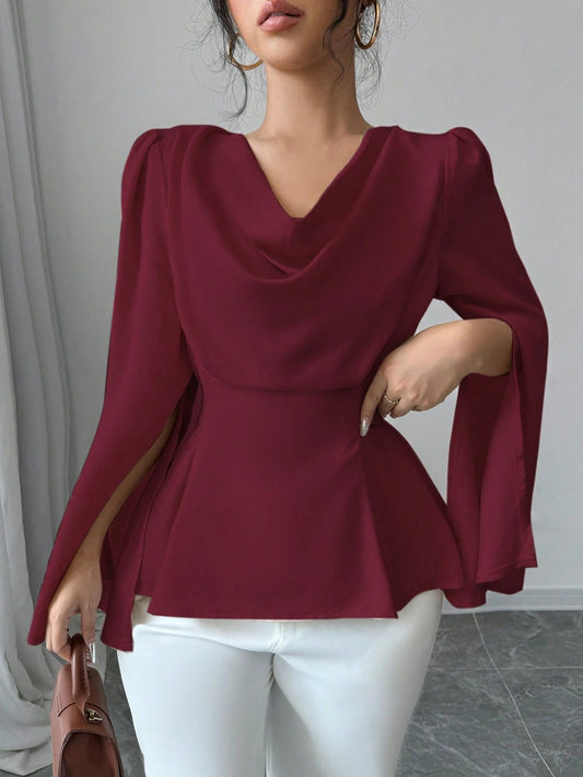 Elenzga Elegant Solid Color Draped Collar Poncho Black Blouse