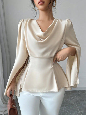 Elenzga Elegant Solid Color Draped Collar Poncho Black Blouse
