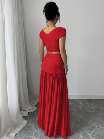 2pcs/Set Women Solid Color Fitted Simple Top And Skirt