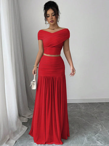 2pcs/Set Women Solid Color Fitted Simple Top And Skirt