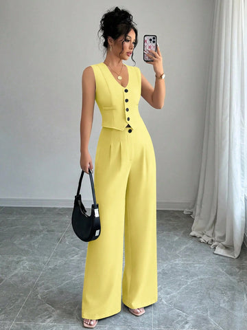Elenzga Casual Minimalist Solid Color Sleeveless Blazer & Pants Suit Set