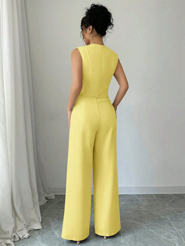 Elenzga Casual Minimalist Solid Color Sleeveless Blazer & Pants Suit Set