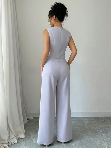 Elenzga Casual Minimalist Solid Color Sleeveless Blazer & Pants Suit Set