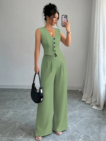 Elenzga Casual Minimalist Solid Color Sleeveless Blazer & Pants Suit Set