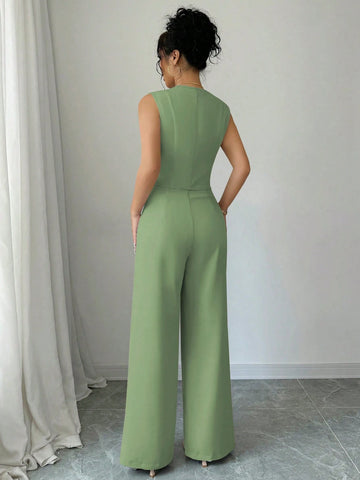 Elenzga Casual Minimalist Solid Color Sleeveless Blazer & Pants Suit Set
