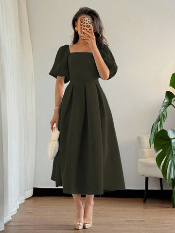 Solid Color Ruffle Hem Big A-Line Puff Sleeve Short Sleeve Dress