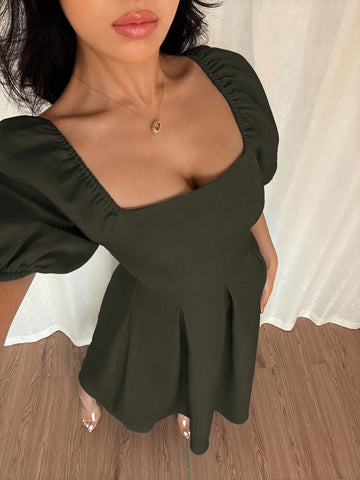 Solid Color Ruffle Hem Big A-Line Puff Sleeve Short Sleeve Dress