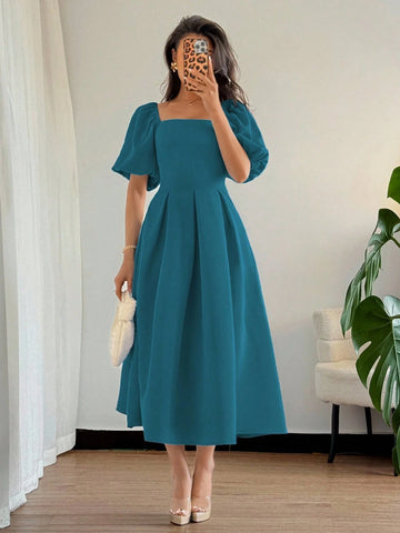 Solid Color Ruffle Hem Big A-Line Puff Sleeve Short Sleeve Dress