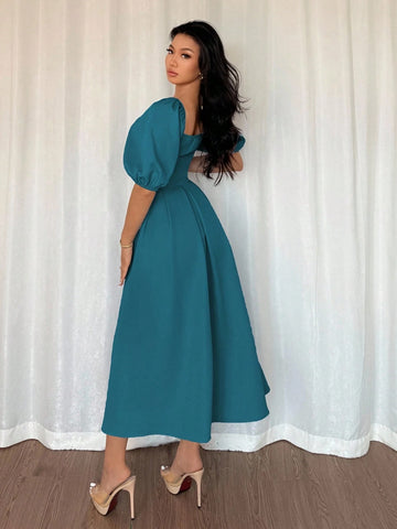 Solid Color Ruffle Hem Big A-Line Puff Sleeve Short Sleeve Dress