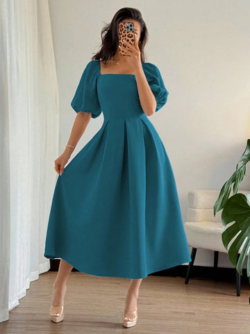 Solid Color Ruffle Hem Big A-Line Puff Sleeve Short Sleeve Dress