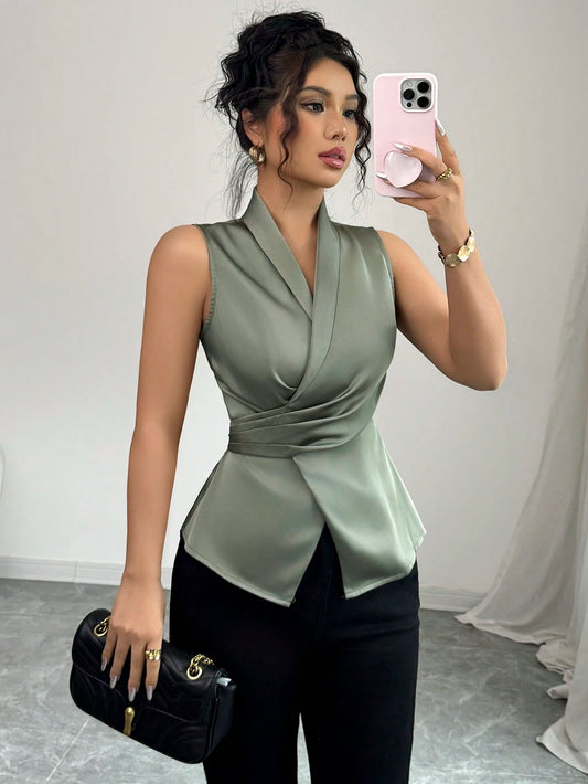 Party Collared Cross Tie Waist Pleated Ruffle Hem Sleeveless Blouse