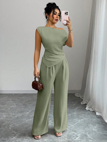 Elegant One-Shoulder Sleeveless Asymmetric Hem Fitted Top And Relaxed Straight Leg Pants
