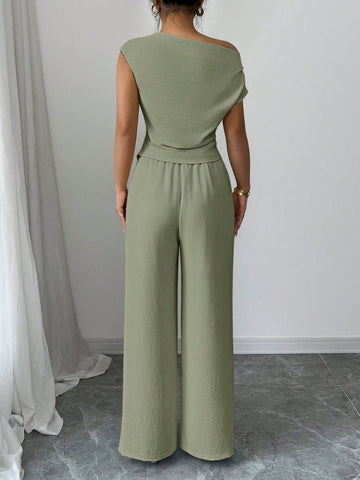 Elegant One-Shoulder Sleeveless Asymmetric Hem Fitted Top And Relaxed Straight Leg Pants