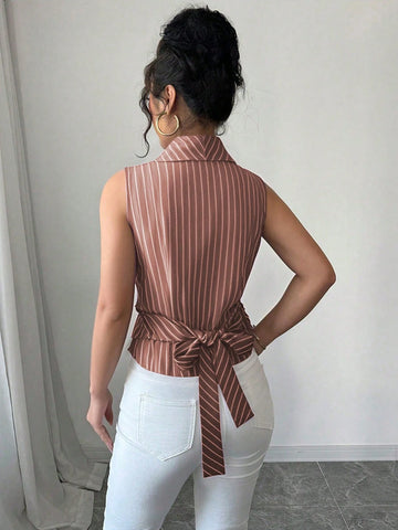 Women Striped Shawl Collar Sleeveless Casual Shirt