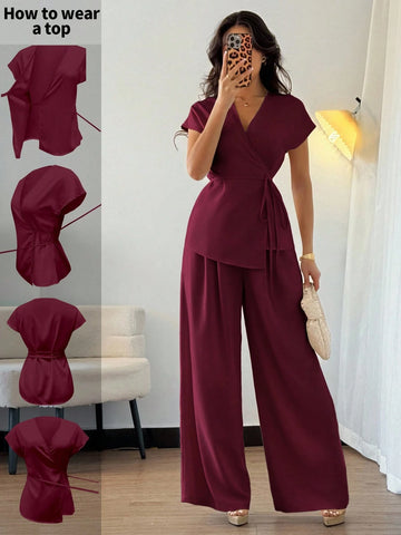Women's Elegant Wrap Batwing Sleeve Blouse And Loose Wide Leg Pants