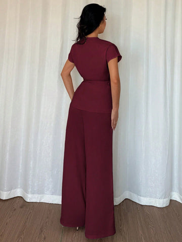 Women's Elegant Wrap Batwing Sleeve Blouse And Loose Wide Leg Pants