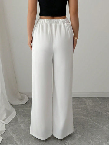 Women's Summer White Elegant Waist Tie Design Straight Leg Pants