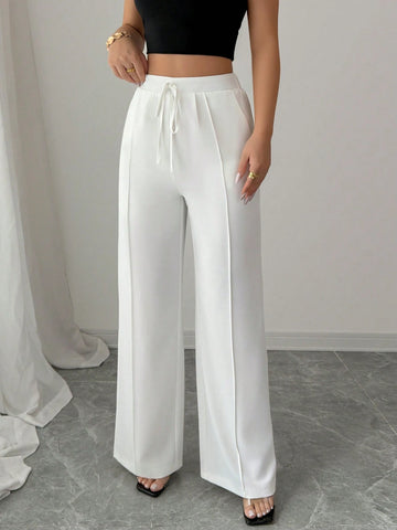 Women's Summer White Elegant Waist Tie Design Straight Leg Pants