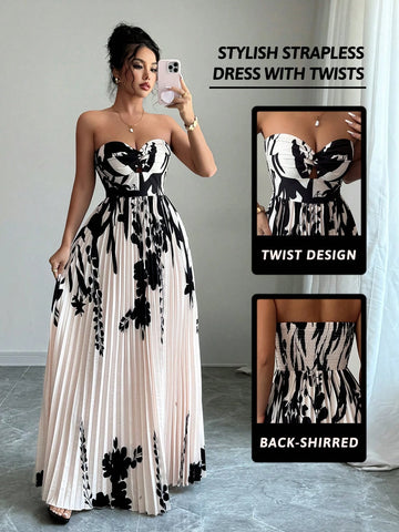 Women's Twist-Knot Printed Smock Pleated Swing Maxi Casual Vacation Elegant Dress